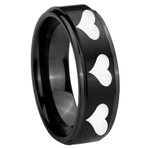 10mm Multiple Heart Step Edges Brush Black Tungsten Carbide Mens Promise Ring