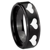 8mm Multiple Heart Step Edges Brush Black Tungsten Mens Anniversary Ring