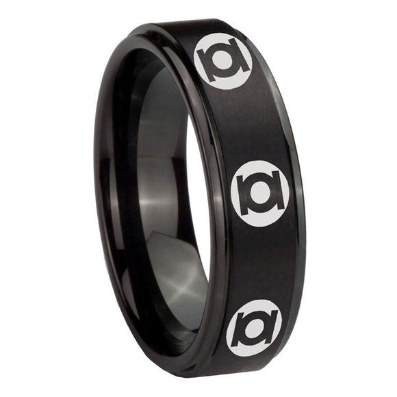 8mm Multiple Green Lantern Step Edge Black Unique Men Wedding Ring