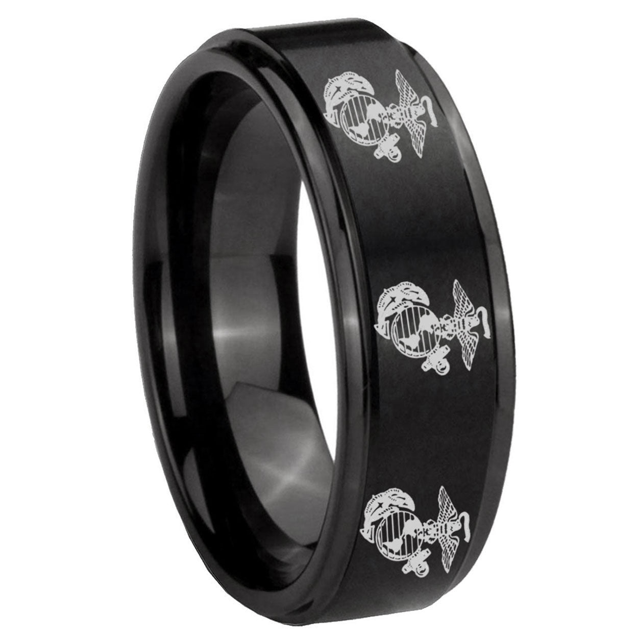 10mm Multiple Marine Step Edges Brush Black Tungsten Mens Anniversary Ring
