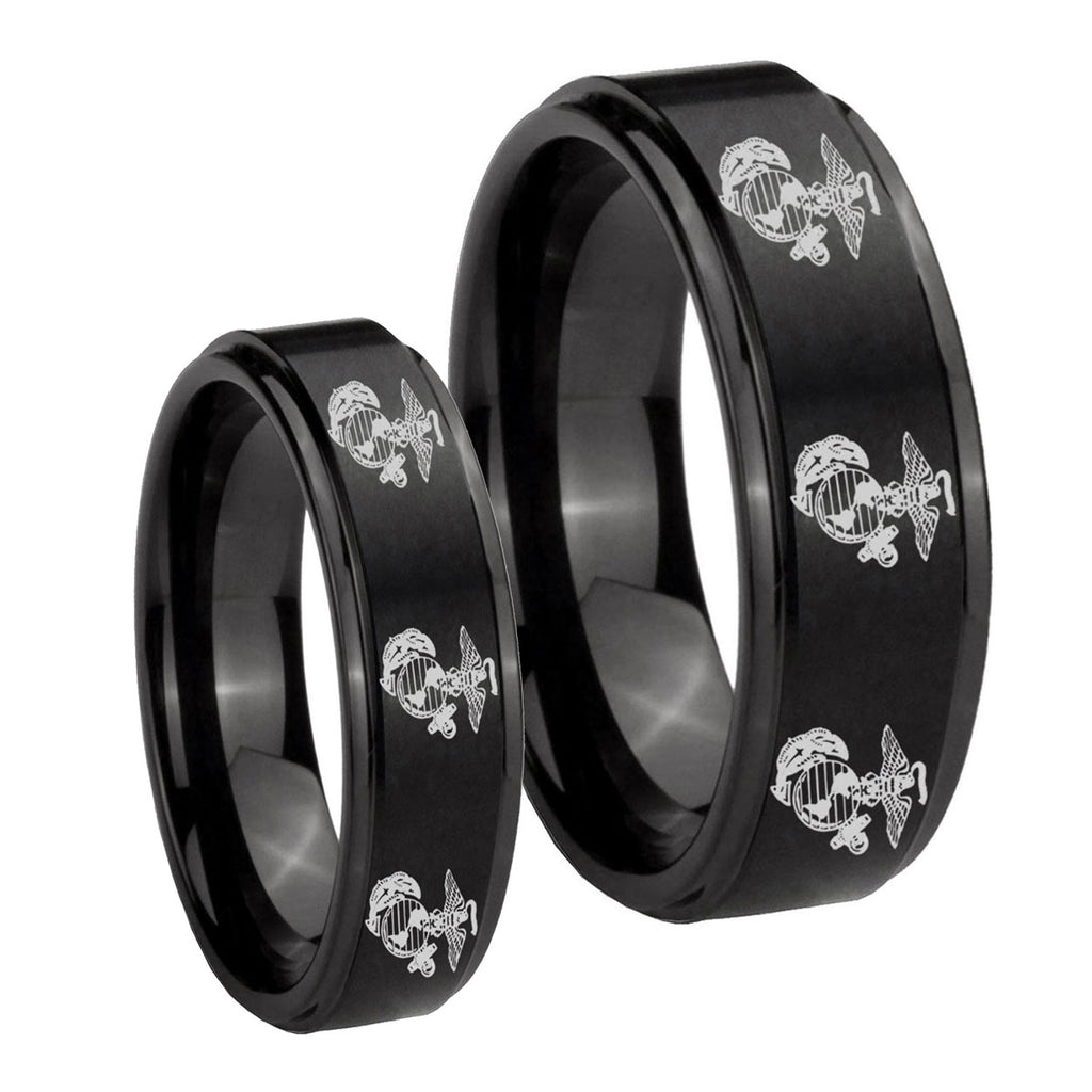 Multiple Marine Step Edges Brush Black Tungsten Bridal Ring Set