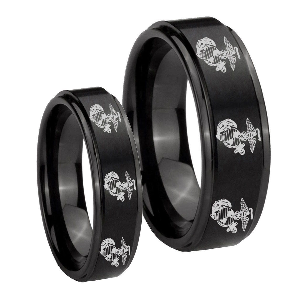 Multiple Marine Step Edges Brush Black Tungsten Bridal Ring Set