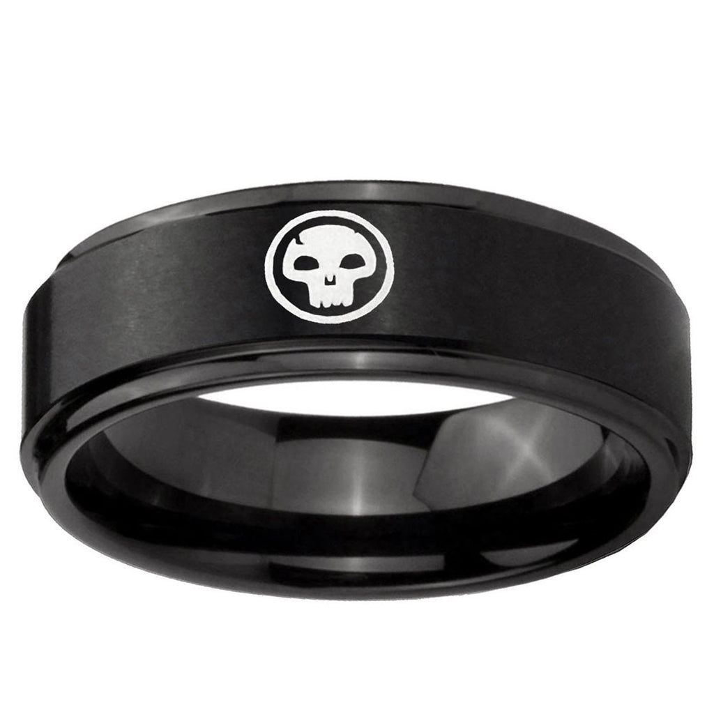 10mm Skull Step Edge Brush Black Tungsten Ring