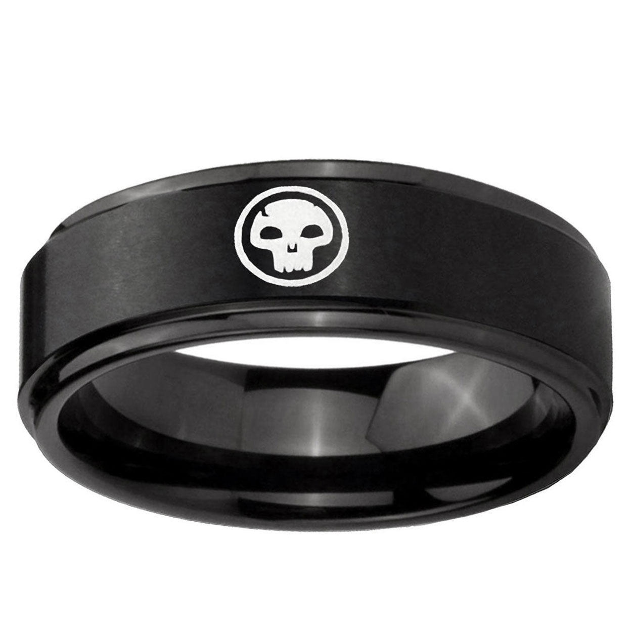 10mm Skull Step Edge Brush Black Tungsten Ring