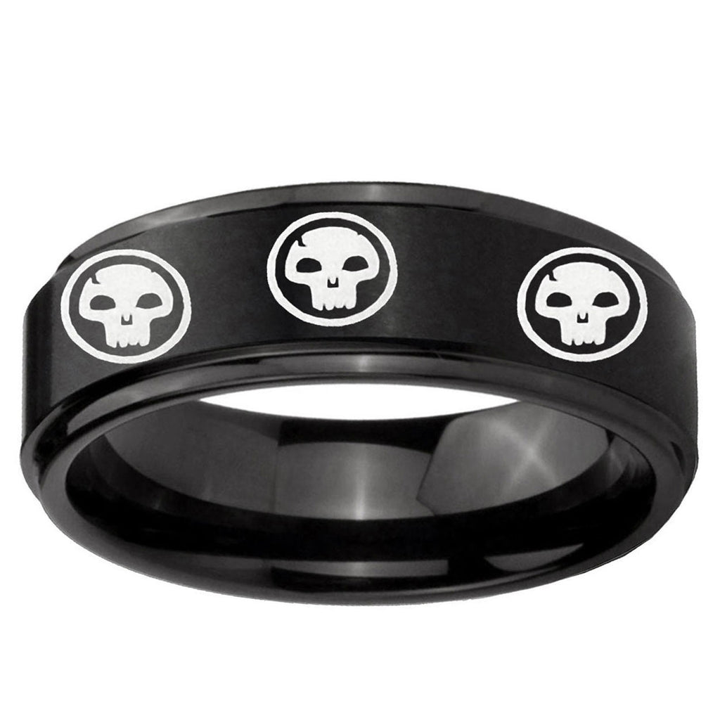 10mm Multiple Skull Step Edge Brush Black Tungsten Carbide Mens Bands Ring