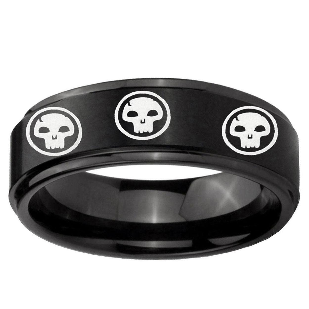 10mm Multiple Skull Step Edge Brush Black Tungsten Carbide Mens Bands Ring