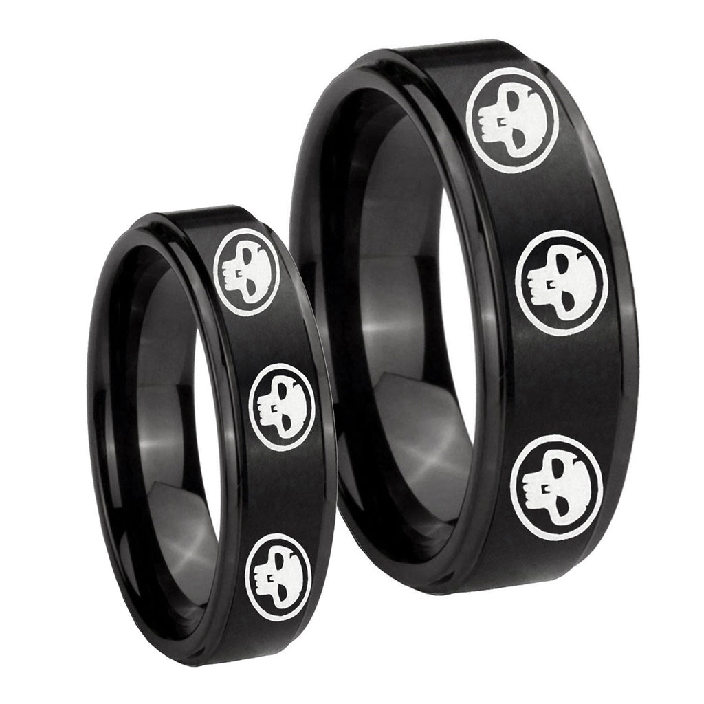 Multiple Skull Step Edges Brush Black Tungsten Wedding Ring Set
