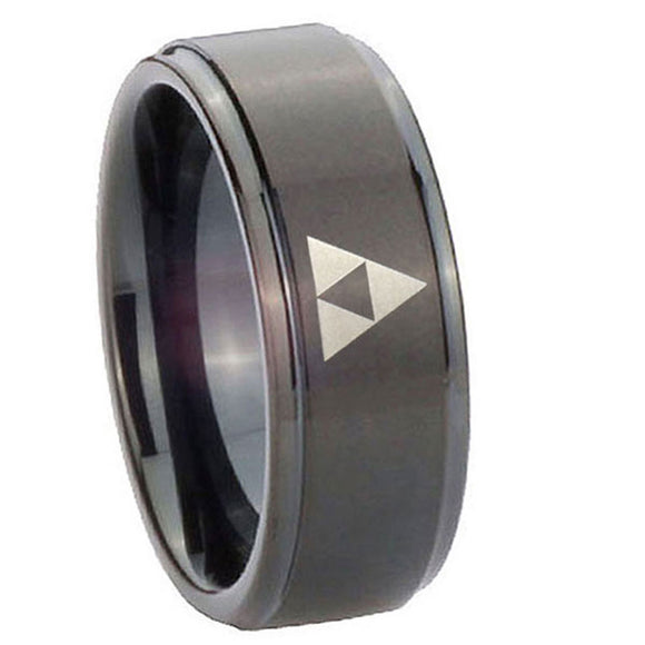 8mm-Zelda-Triforce-Step-Edges-Brush-Black-Tungsten-Carbide-Custom-Mens-Ring