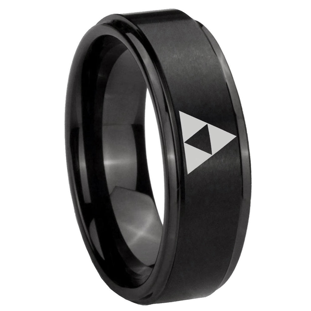 10mm Zelda Triforce Step Edges Brush Black Tungsten Mens Engagement Band