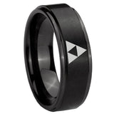 8mm Zelda Triforce Step Edges Brush Black Tungsten Carbide Custom Mens Ring