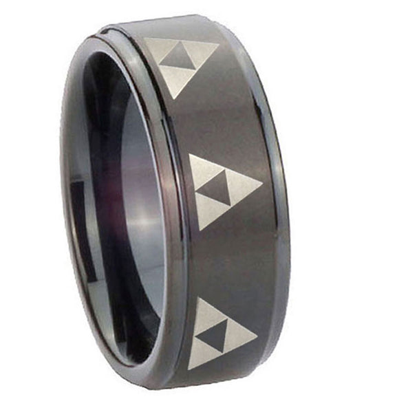 10mm-Multiple-Zelda-Triforce-Step-Edges-Brush-Black-Tungsten-Wedding-Band-Ring