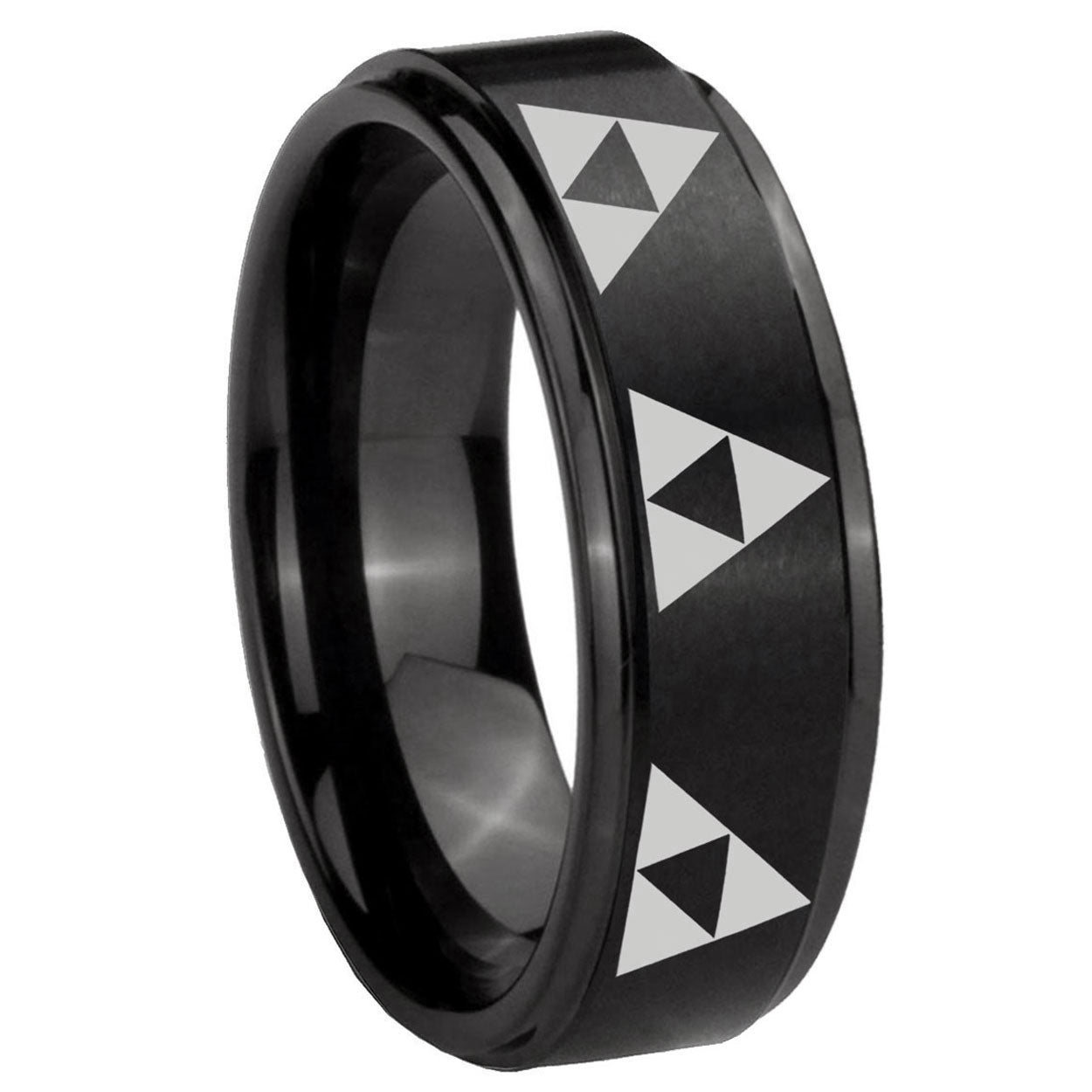 10mm Multiple Zelda Triforce Step Edges Brush Black Tungsten Wedding Band Ring