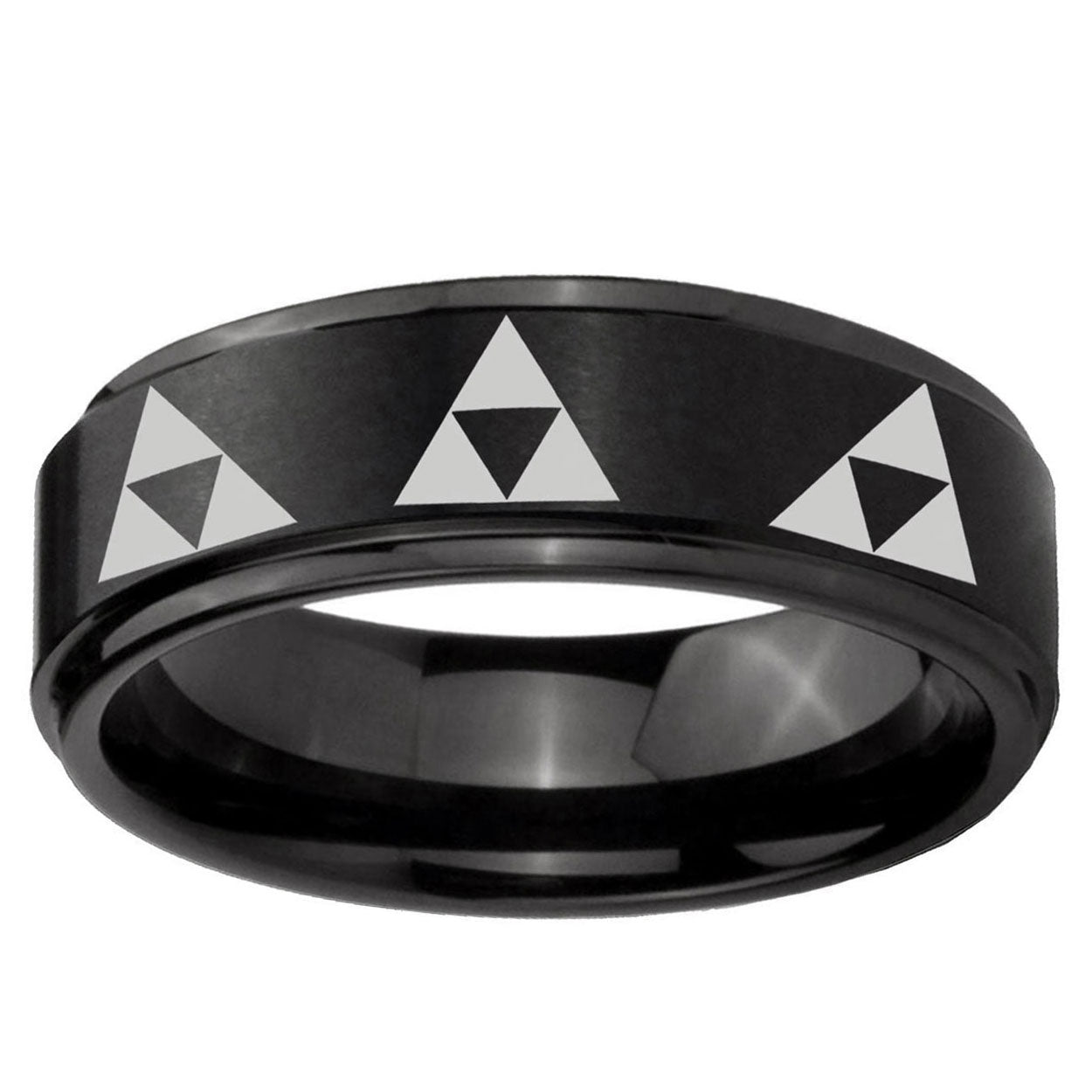 10mm Multiple Zelda Triforce Step Edge Brush Black Tungsten Ring
