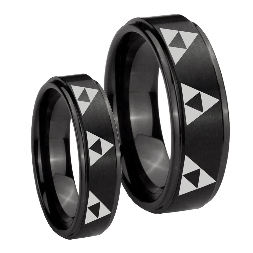 Multiple Zelda Triforce Step Edges Brush Black Tungsten Couple Wedding Rings