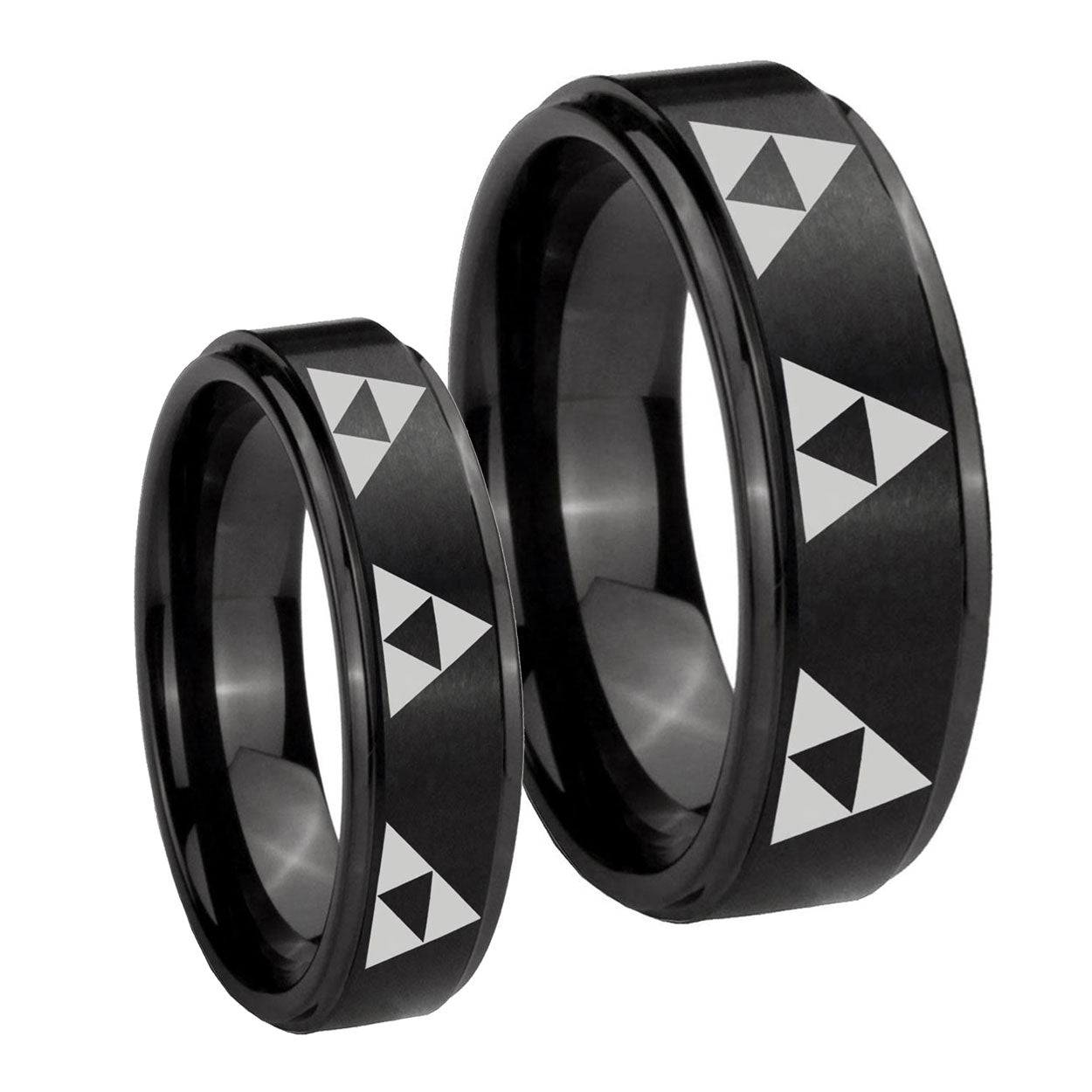 Multiple Zelda Triforce Step Edges Brush Black Tungsten Couple Wedding Rings