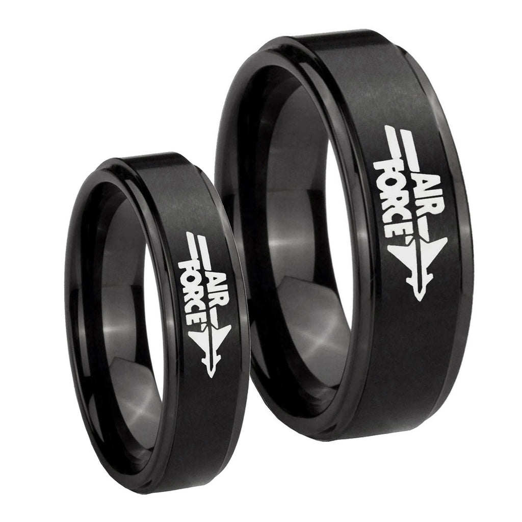 Step Edge Air Force Black Tungsten Couple Wedding Bands
