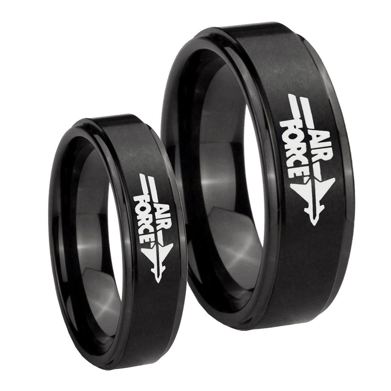 Step Edge Air Force Black Tungsten Couple Wedding Bands