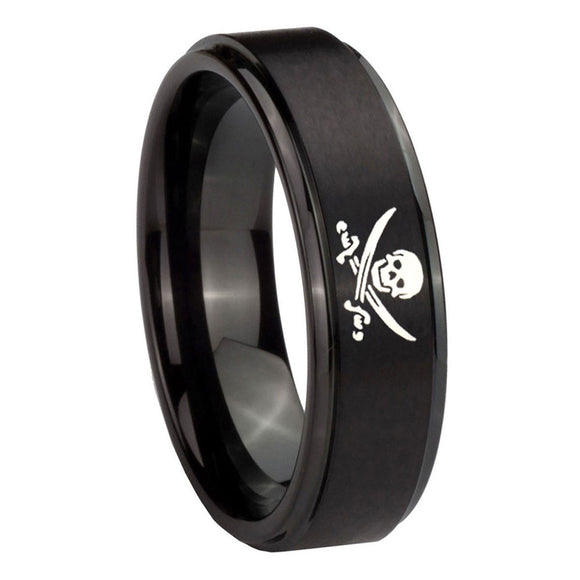 10mm-Skull-Pirate-Step-Edges-Brush-Black-Tungsten-Wedding-Engagement-Ring