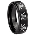 10mm Multiple Skull Pirate Step Edges Brush Black Tungsten Mens Engagement Ring
