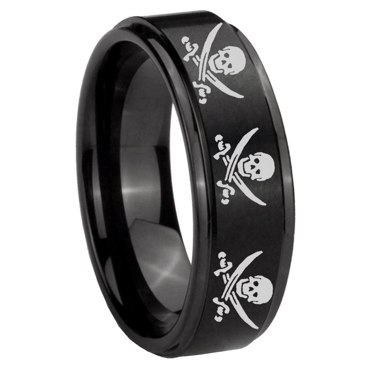10mm Multiple Skull Pirate Step Edges Brush Black Tungsten Mens Engagement Ring