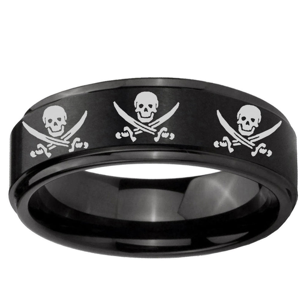 10mm Multiple Skull Pirate Step Edge Brush Black Tungsten Mens Engagement Ring