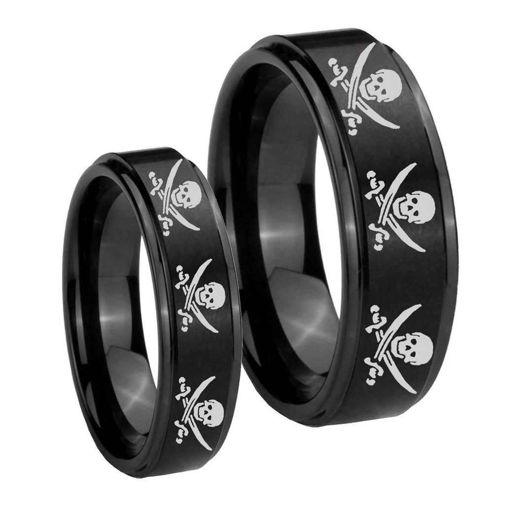 Multiple Skull Pirate Step Edges Brush Black Tungsten Mens Set Ring