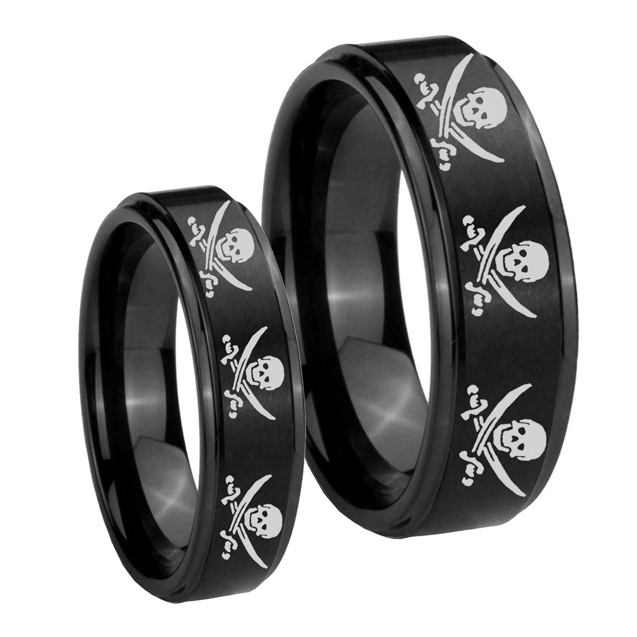 Multiple Skull Pirate Step Edges Brush Black Tungsten Mens Set Ring