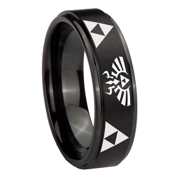 8mm-Legend-of-Zelda-Step-Edges-Brush-Black-Tungsten-Carbide-Engraved-Ring