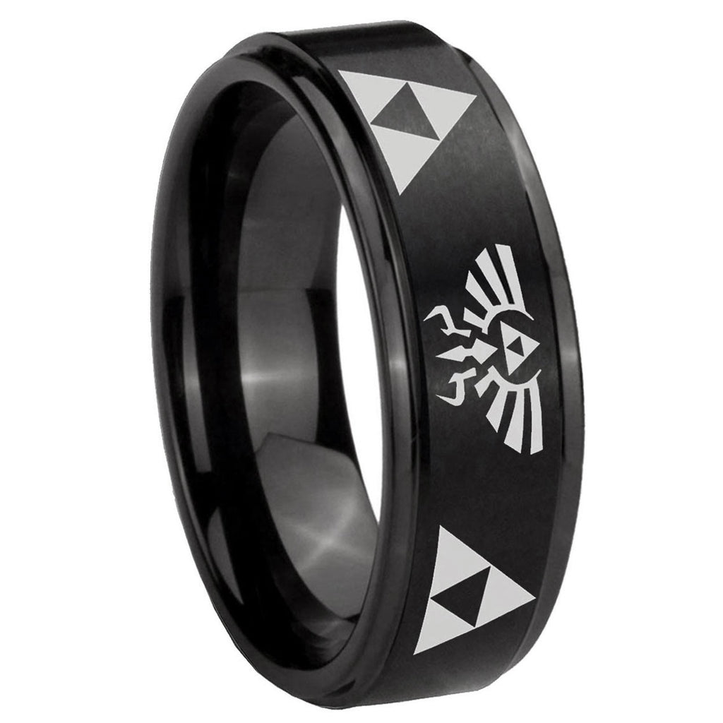 10mm Legend of Zelda Step Edges Brush Black Tungsten Men's Engagement Ring