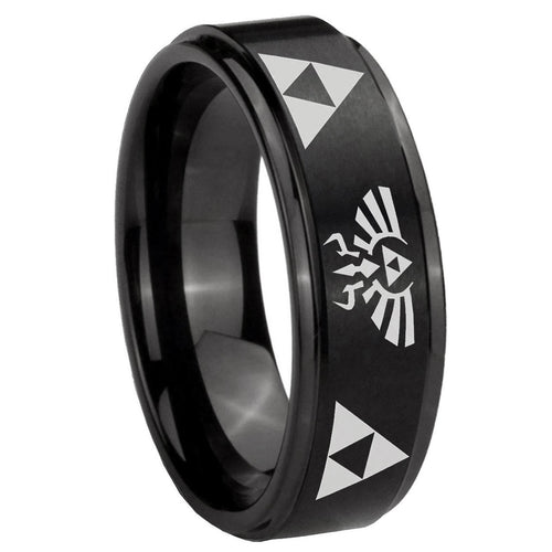 10mm Legend of Zelda Step Edges Brush Black Tungsten Men's Engagement Ring