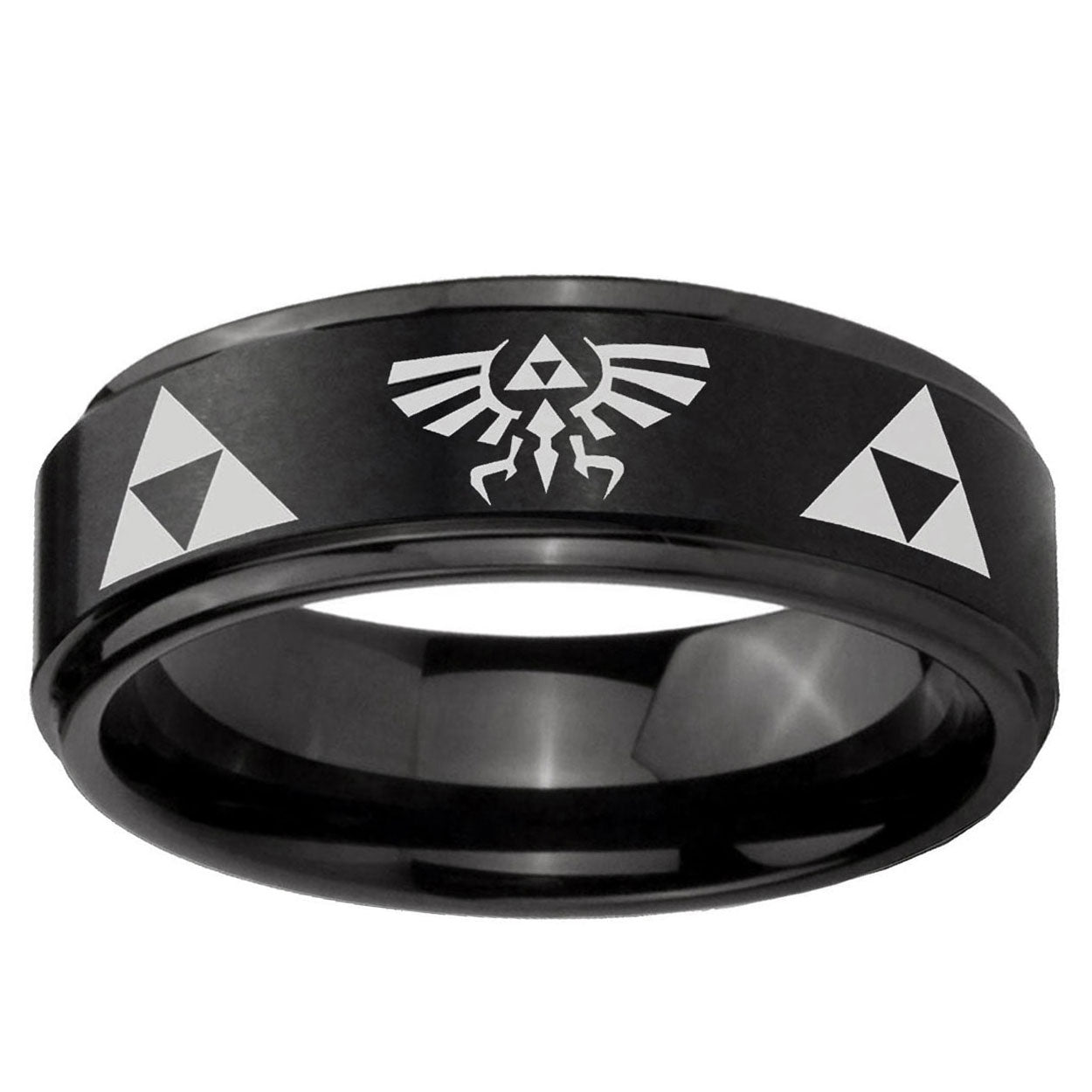 5mm Legend of Zelda Step Edges Brush Black Tungsten Ring