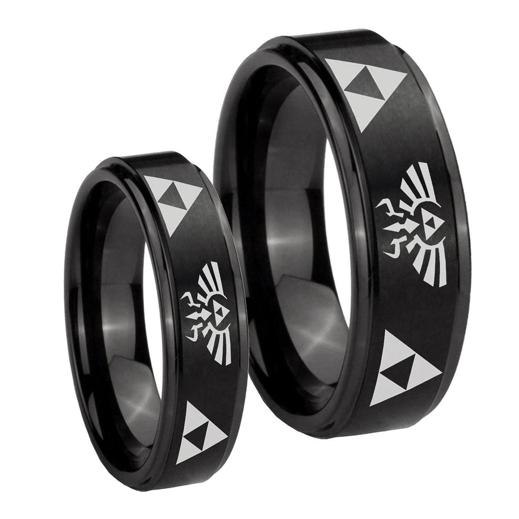 Legend of Zelda Step Edges Brush Black Tungsten Mens Set Rings