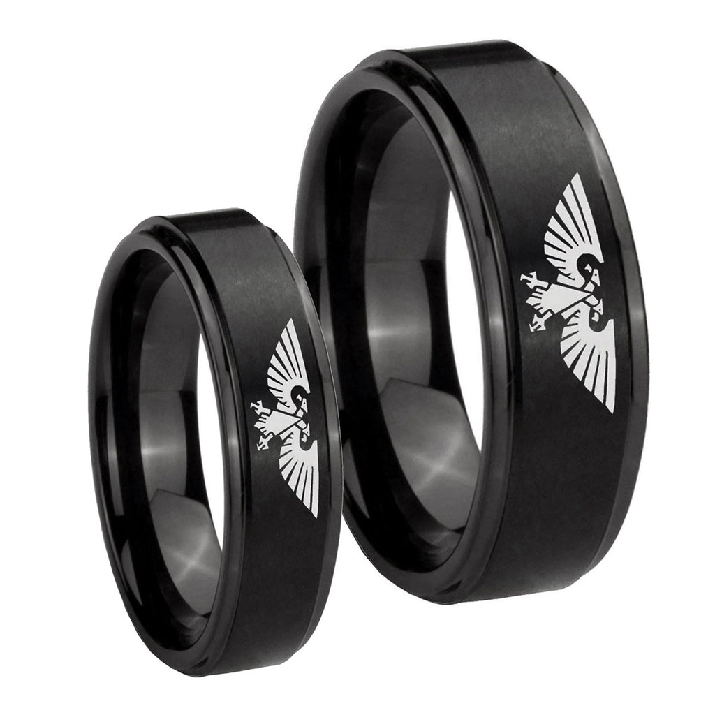 Aquila Step Edges Brush Black Tungsten Wedding Ring Set