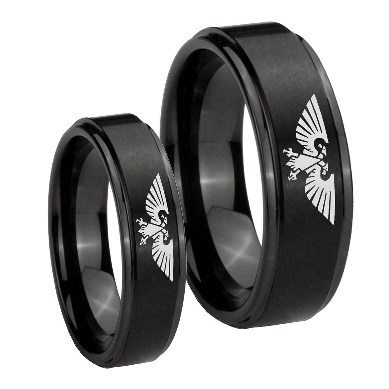 Aquila Step Edges Brush Black Tungsten Wedding Ring Set