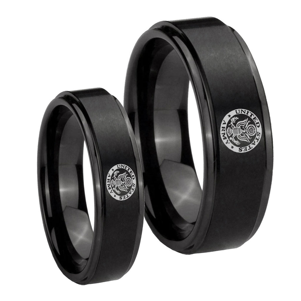 U.S. Army Step Edges Brush Black Tungsten Matching Ring Set