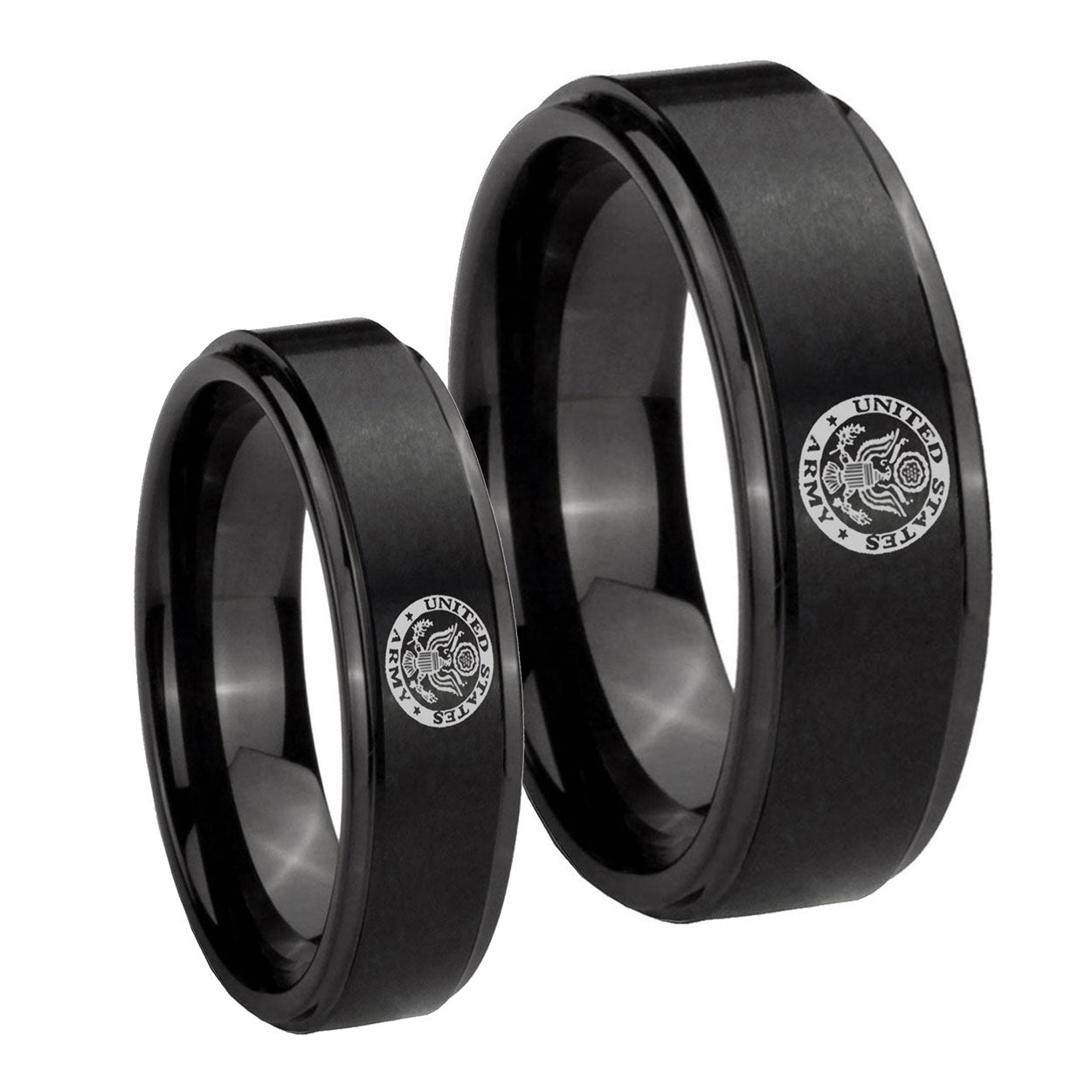 U.S. Army Step Edges Brush Black Tungsten Matching Ring Set