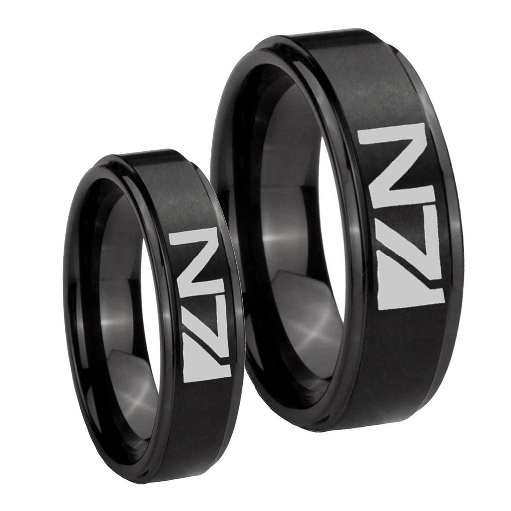 N7 Design Step Edges Brush Black Tungsten His Hers Set Rings