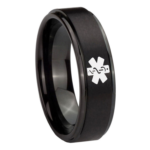 8mm-Medical-Alert-Step-Edges-Brush-Black-Tungsten-Carbide-Mens-Ring