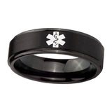 10mm-Medical-Alert-Step-Edges-Brush-Black-Tungsten-Carbide-Personalized-Ring