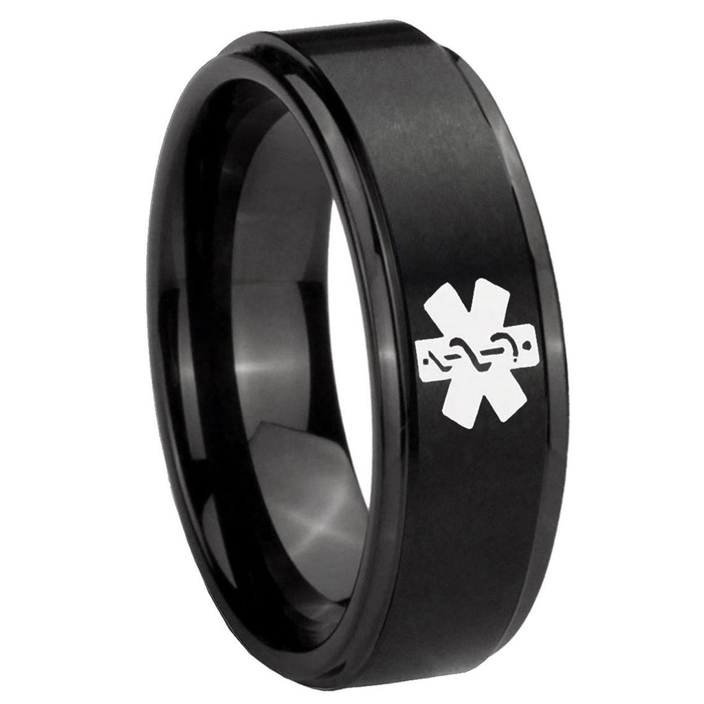 10mm Medical Alert Step Edges Brush Black Tungsten Carbide Personalized Ring