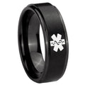 10mm Medical Alert Step Edges Brush Black Tungsten Carbide Personalized Ring