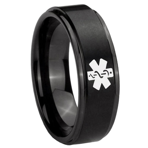 10mm Medical Alert Step Edges Brush Black Tungsten Carbide Personalized Ring