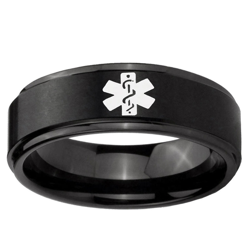 10mm Medical Alert Step Edge Brush Black Tungsten Ring