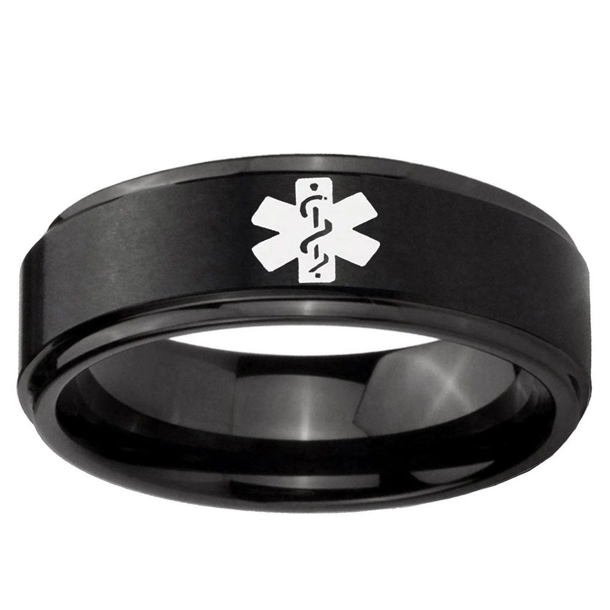 10mm Medical Alert Step Edge Brush Black Tungsten Ring
