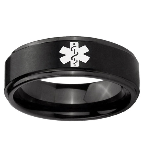 10mm Medical Alert Step Edge Brush Black Tungsten Ring