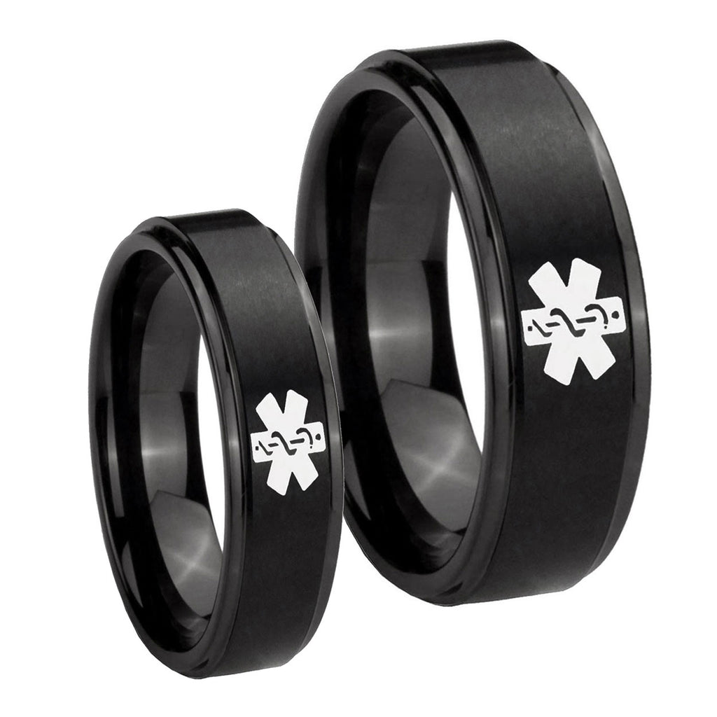Medical Alert Step Edges Brush Black Tungsten Wedding Set Ring