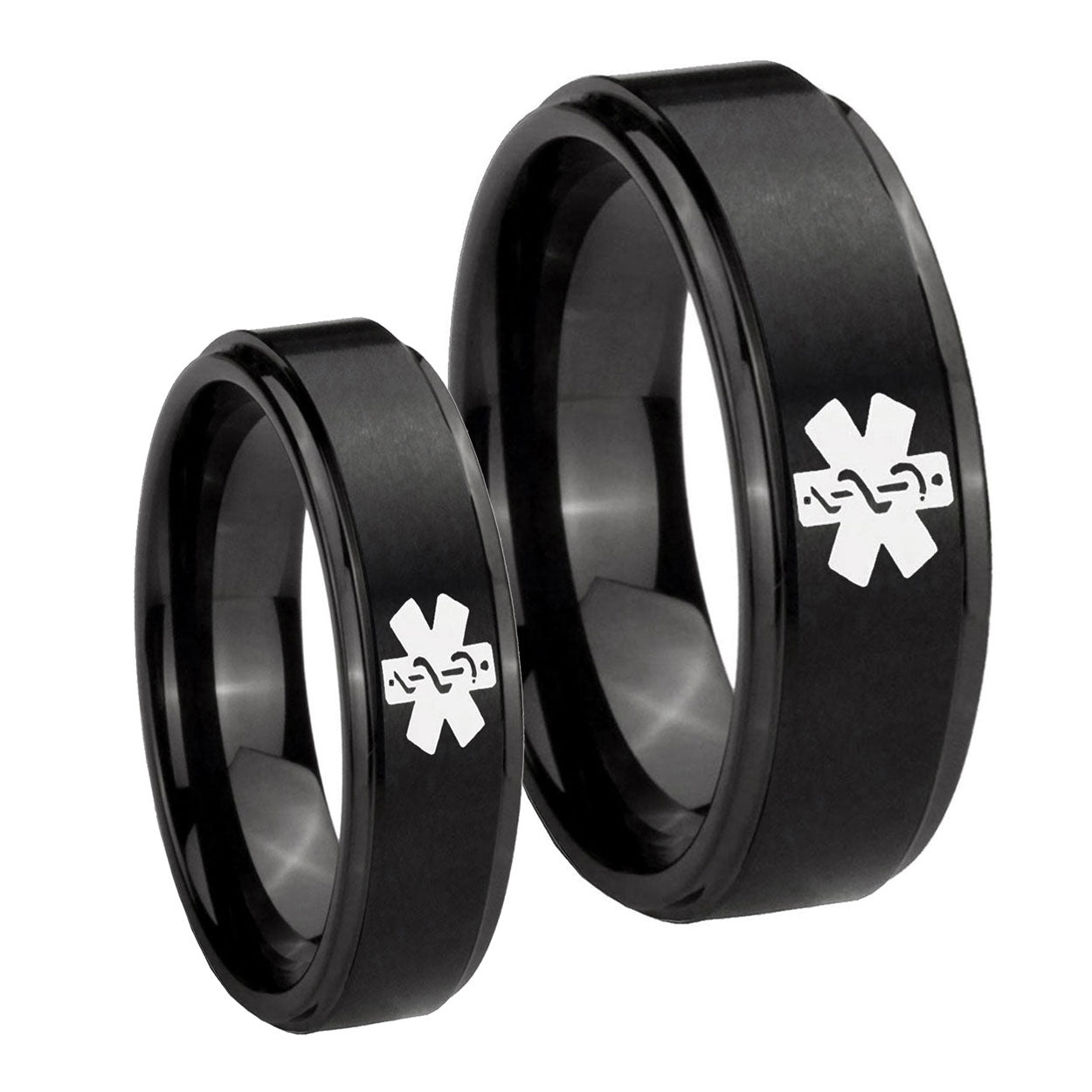 Medical Alert Step Edges Brush Black Tungsten Wedding Set Ring