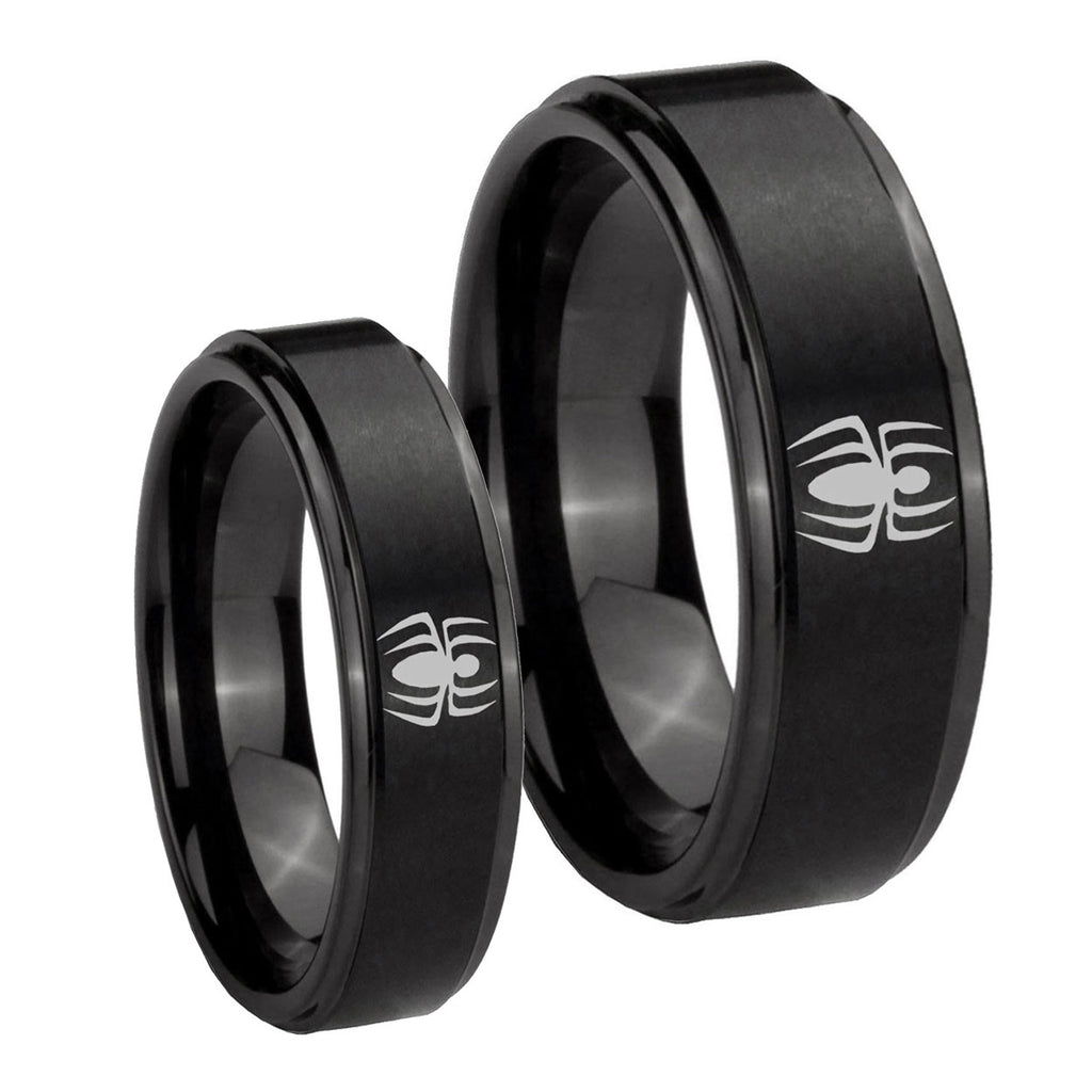 Spiderman Step Edges Brush Black Tungsten Bridal Set Rings