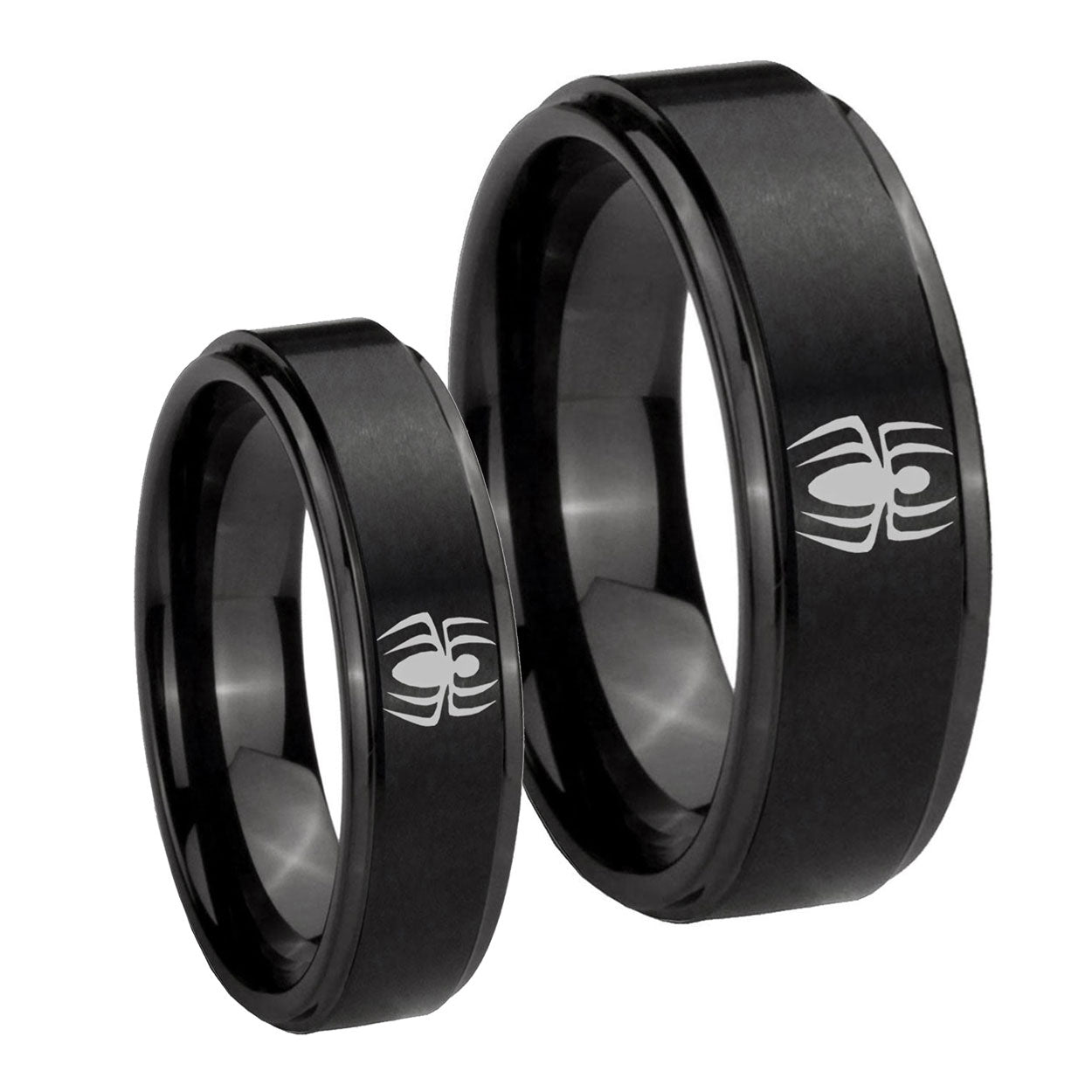 Spiderman Step Edges Brush Black Tungsten Bridal Set Rings
