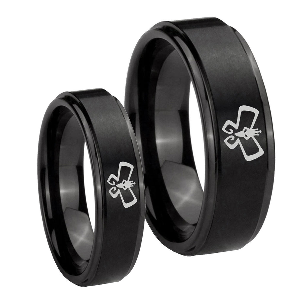 Monarch Step Edges Brush Black Tungsten Bridal Ring Sets